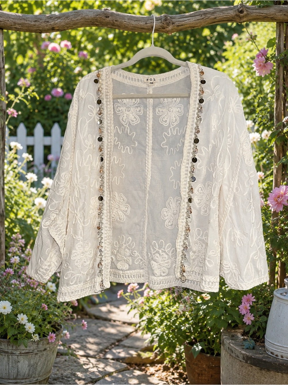 🌸 POL OS Ivory Embroidered Boho Kimono Jacket with Cowrie Shell & Disc Trim